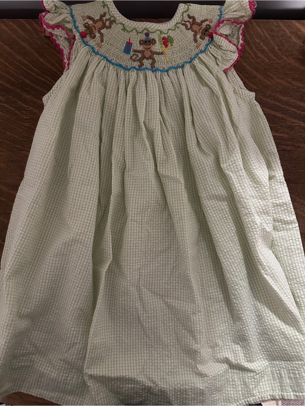 Posh Light Green Seersucker Dress with Colorful Embroidered Bears